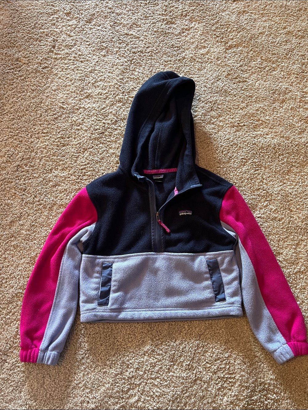 Patagonia Girls' Colorblock Half-Zip Hoodie - Navy, lavender & Pink